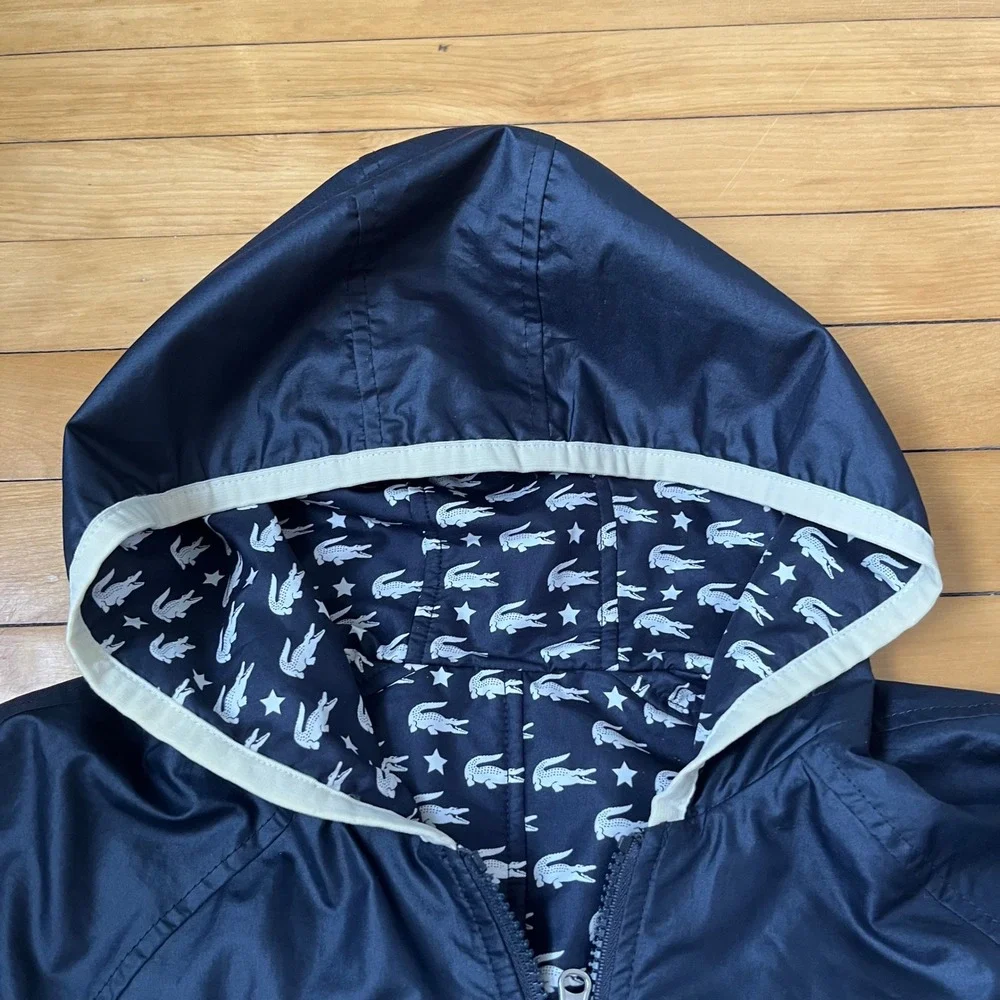 Lacoste Reversible Hooded Windbreaker Jacket Navy Blue Logo Star Print Mens S - Picture 3 of 9